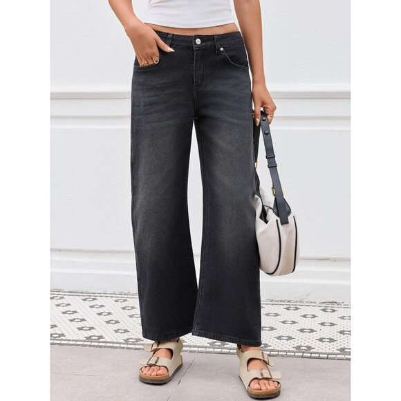 Women Jeans Stretch Denim Mid-Waist Wide Leg Cropped Casual Baggy Pants - Picture 5 of 6